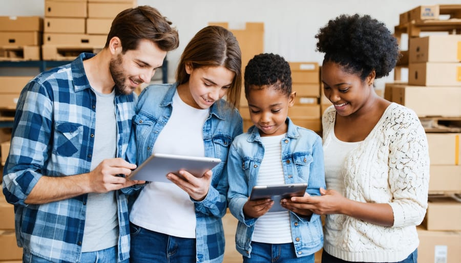 Family working together to catalog home items using mobile devices