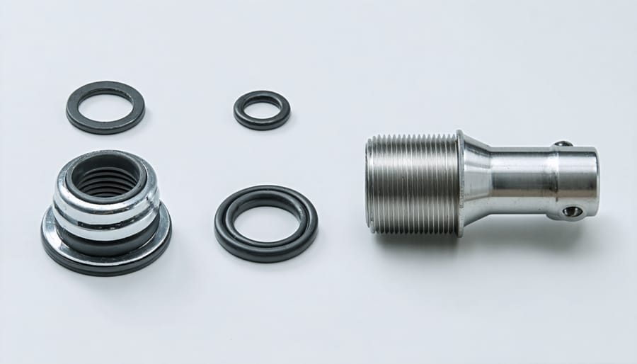 Exploded view of faucet parts with worn washer and new replacement parts