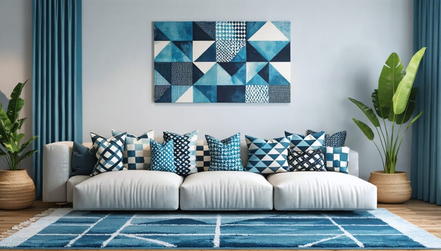 Modern living room interior with mixed geometric patterns in complementary colors