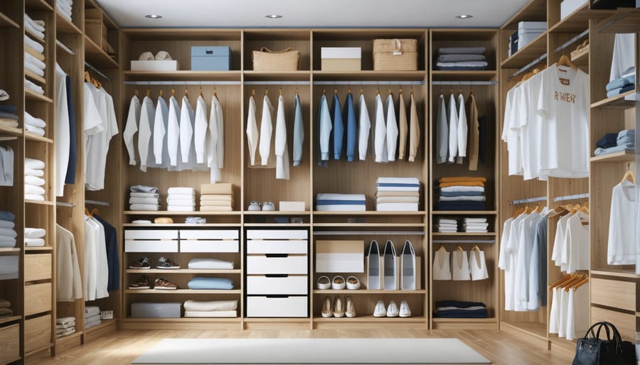 Organized closet demonstrating efficient use of vertical space and seasonal clothing storage
