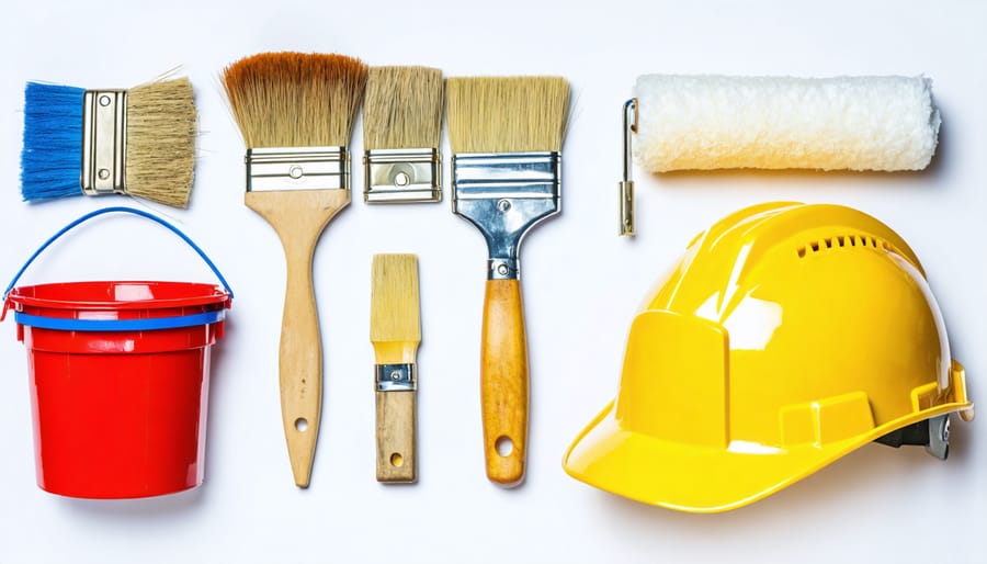 Organized display of professional exterior painting tools and equipment