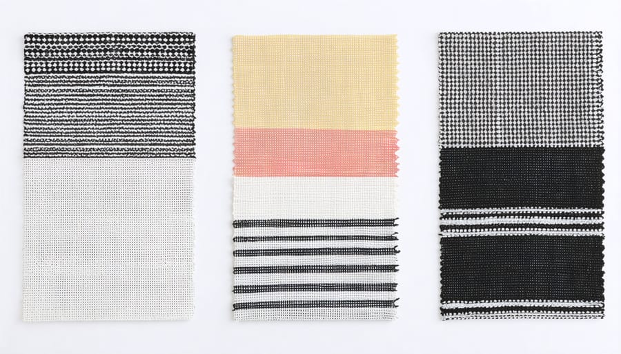 Three textile swatches showing different pattern scales for effective mixing