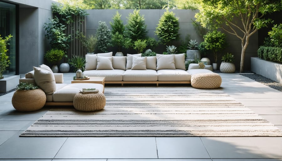 Modern patio setting with eco-friendly outdoor rug made from recycled plastic bottles