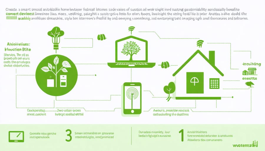Interactive diagram of smart home devices including water sensors, energy monitors, and automated systems with sustainability metrics
