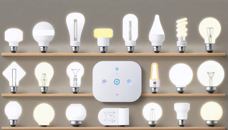 Various smart lighting devices and control systems displayed on a modern surface