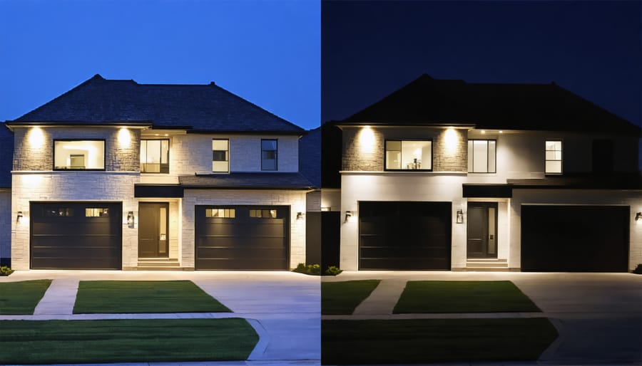 Side-by-side comparison of smart home lighting patterns during day and night for security