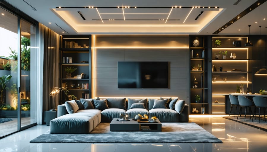 Modern living room demonstrating multiple smart lighting zones and applications