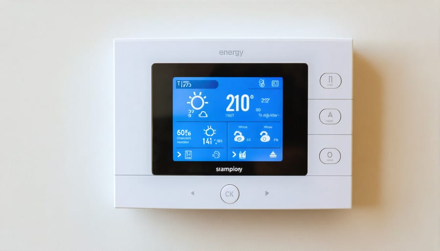 Modern smart thermostat interface showing temperature, motion detection, and energy savings data
