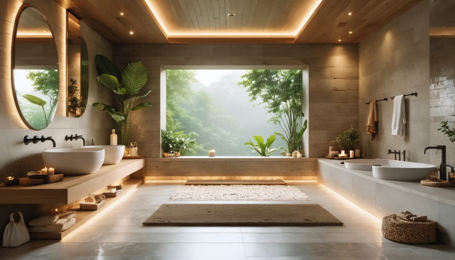 Detailed view of luxury spa bathroom materials featuring natural stone surfaces and ambient lighting