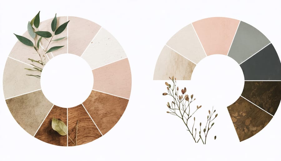 Sustainable color palette wheel showcasing earth tones and natural textures