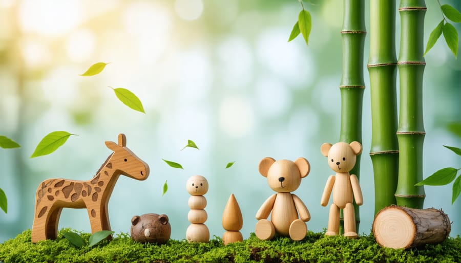 Display of natural and sustainable children's toys including wooden blocks, organic stuffed animals, and bamboo teethers