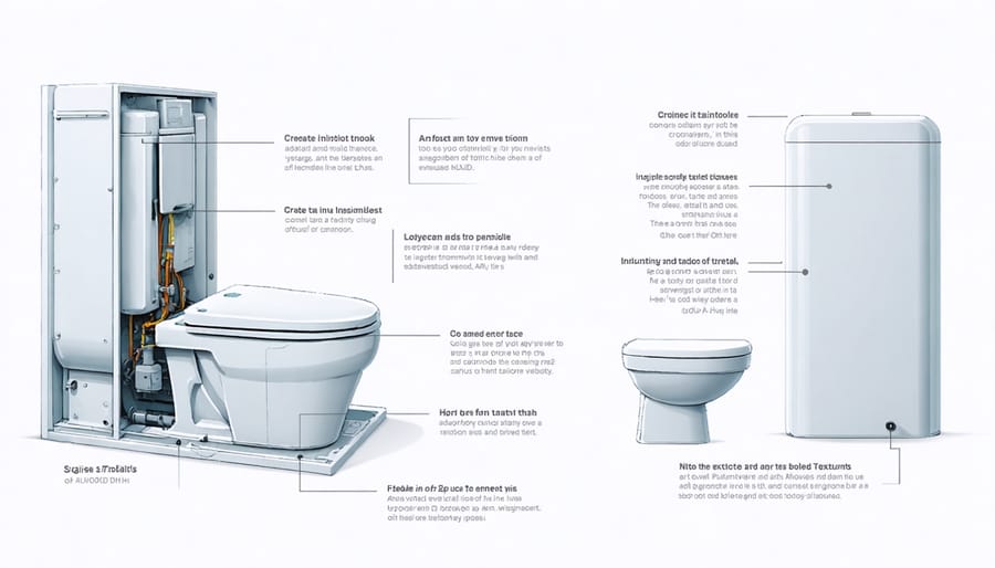 Labeled diagram of toilet tank mechanisms including float, flapper, and fill valve
