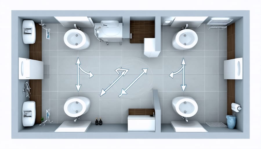 Floor plan diagram of U-shaped bathroom highlighting traffic flow patterns and functional zones