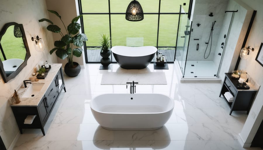 Modern U-shaped bathroom layout with freestanding tub, dual vanities, and walk-in shower