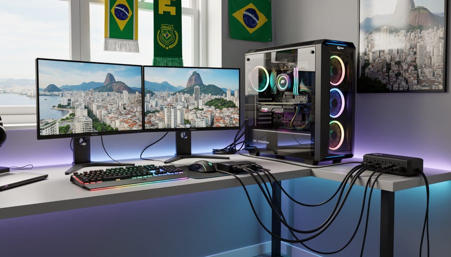 Close-up of surge protector power strip with gaming equipment cables plugged in