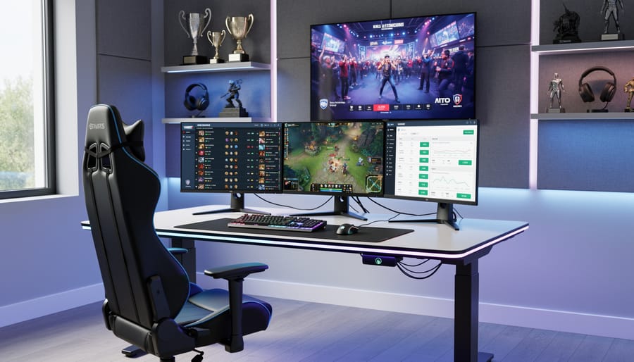 Modern esports gaming room with multiple monitors, RGB lighting, and ergonomic gaming chair
