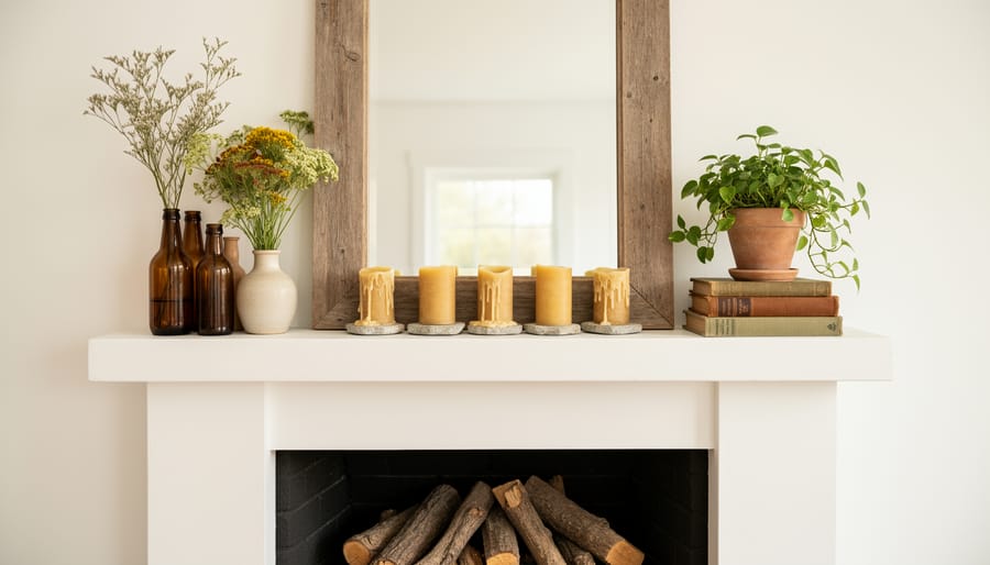Fireplace mantel decorated with eco-friendly natural elements and reclaimed materials