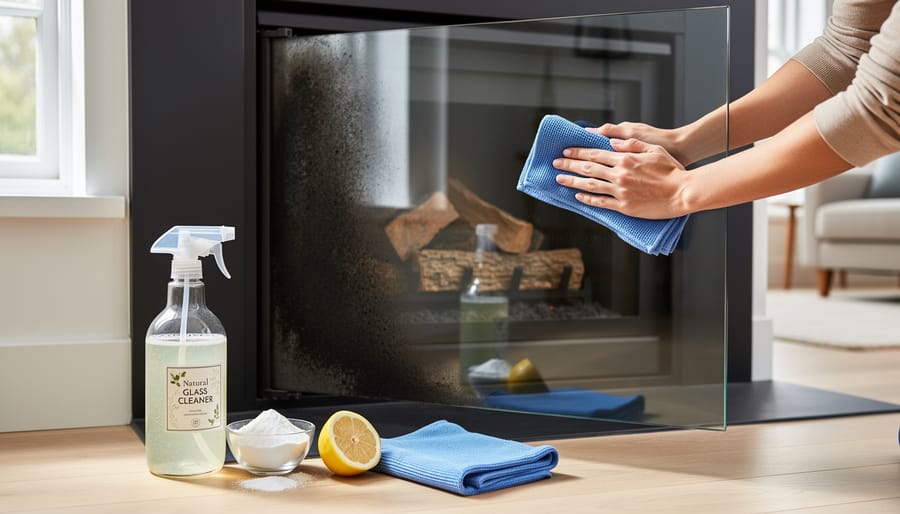 Person cleaning fireplace glass doors with eco-friendly natural cleaning solution