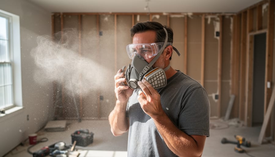 Construction worker wearing respiratory mask with visible dust particles in renovation environment