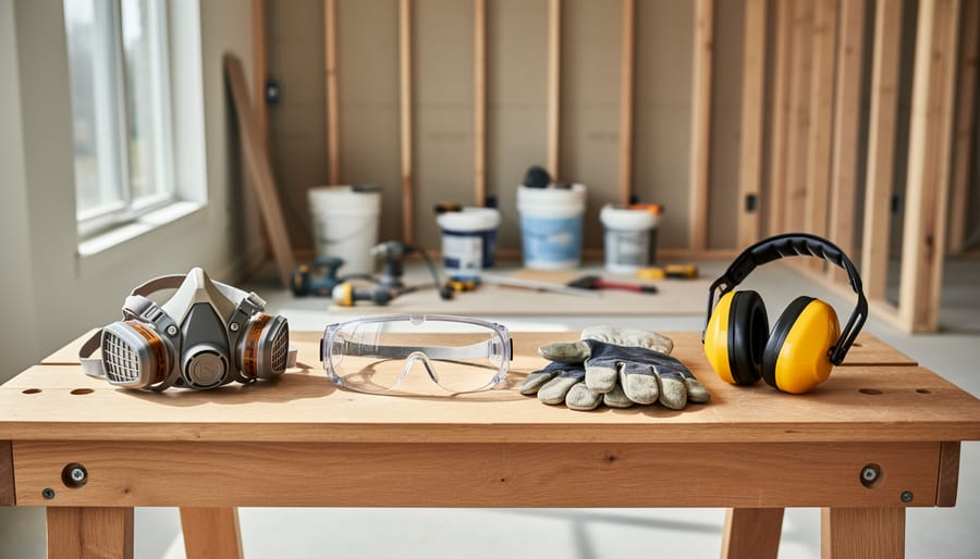 Personal protective equipment including respirator, safety goggles, gloves, and ear protection on workbench