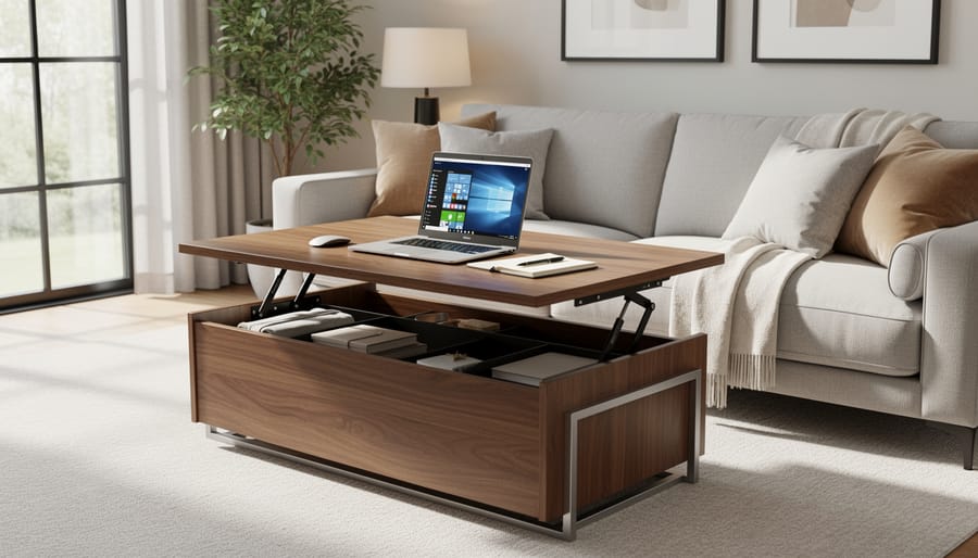 Lift-top coffee table raised to desk height with laptop and coffee in modern living room