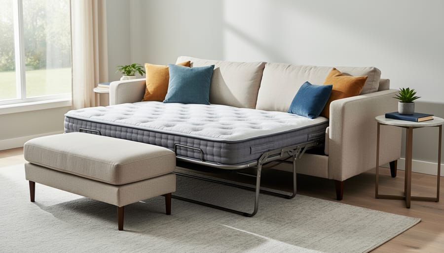 Contemporary sleeper sofa with extended quality mattress in modern apartment living room