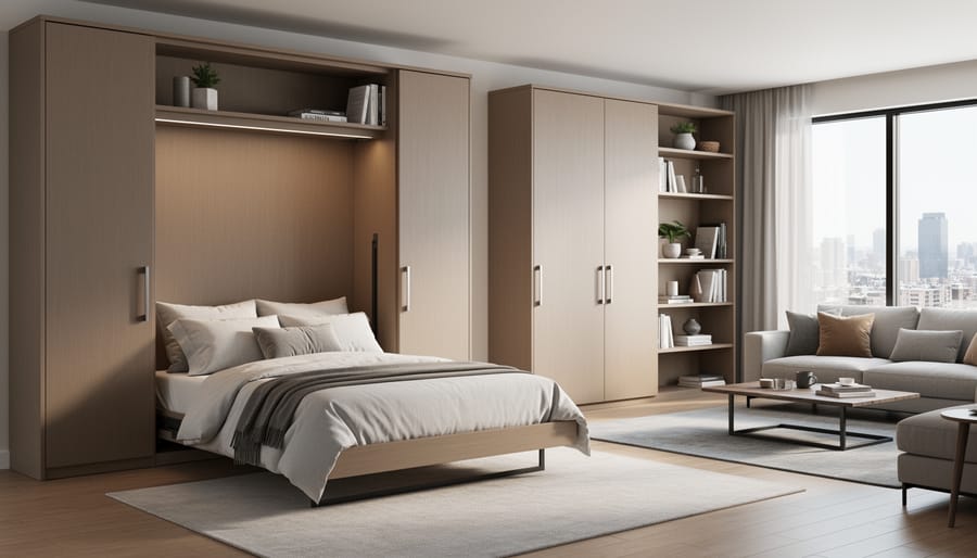 Murphy bed integrated into white wall panel system in modern small apartment