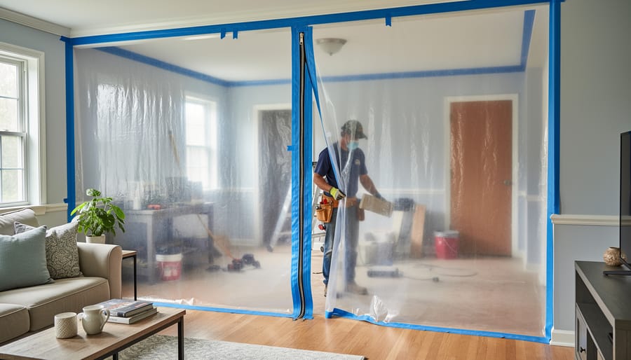 Plastic sheeting containment barrier with zipper door isolating renovation workspace from living areas