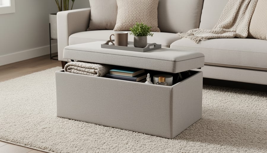 Storage ottoman with open lid showing organized interior compartments in modern living room