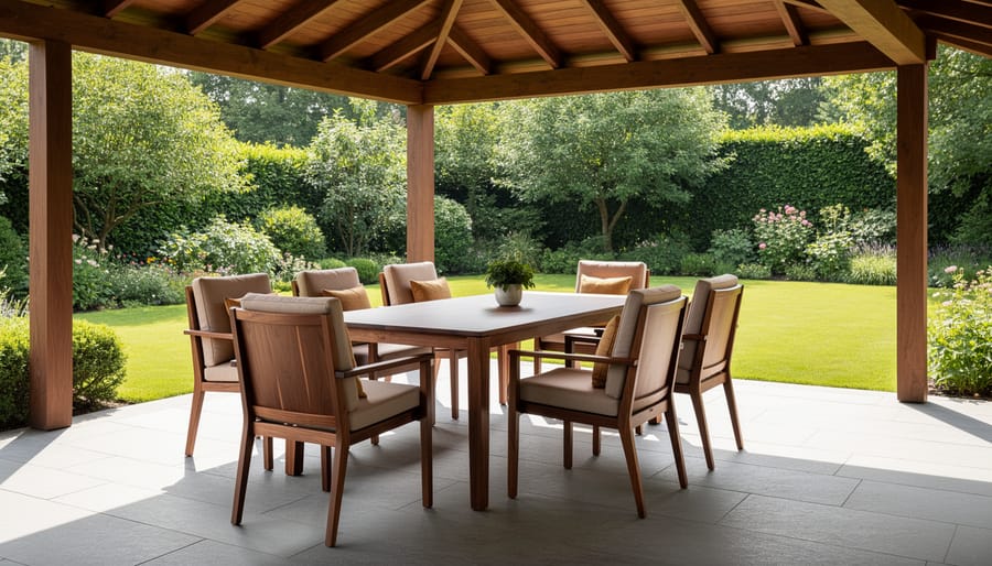 Walnut outdoor furniture on covered patio with natural lighting