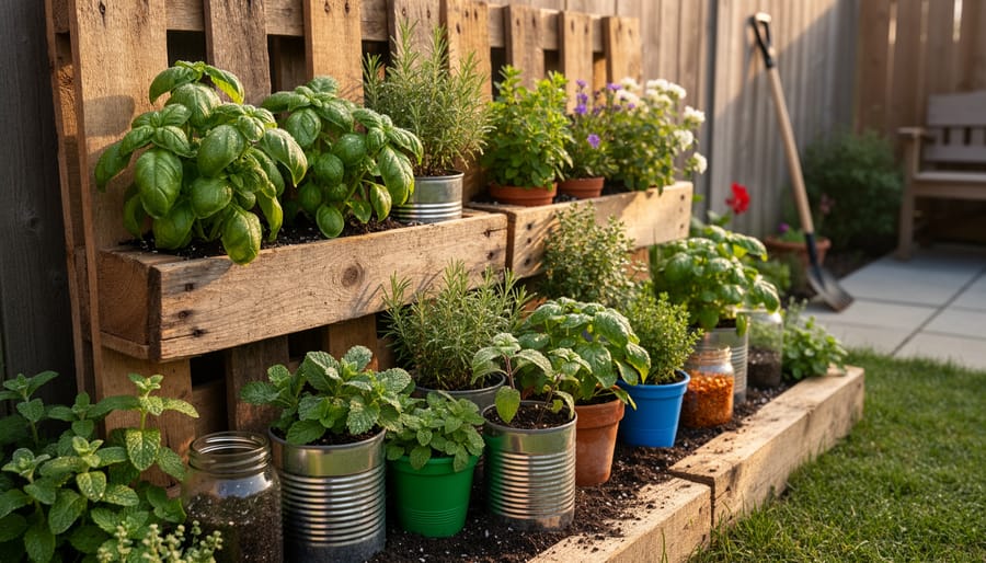 A thriving herb garden featuring tin-can planters and a pallet vertical planter made from recycled materials