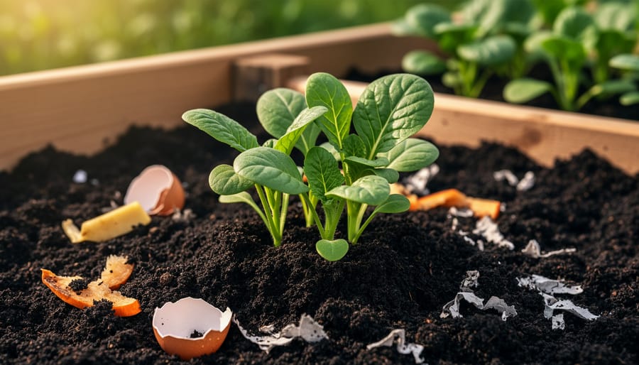 Close-up of dark finished compost with small seedlings beside a recycled compost container