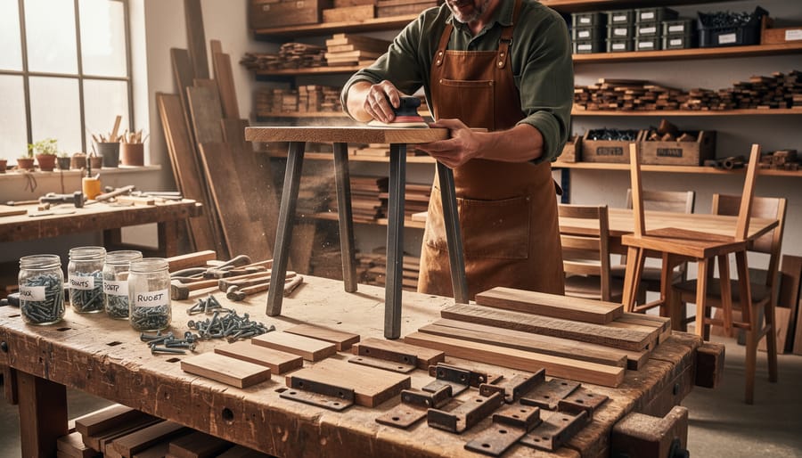 Close view of an artisan workshop workbench with salvaged wood pieces being cleaned and repaired.