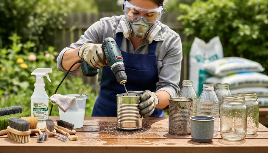 Gloved hands drilling drainage holes into a reused metal container while other recycled planters and tools are on a work surface