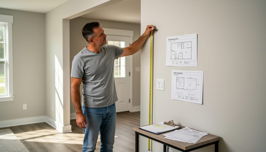 Homeowner measuring an interior wall with a tape measure and stud finder in a ranch home