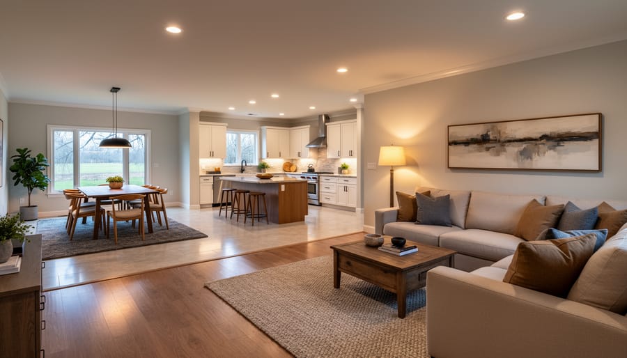 Open ranch kitchen and family room with furniture and lighting creating distinct zones
