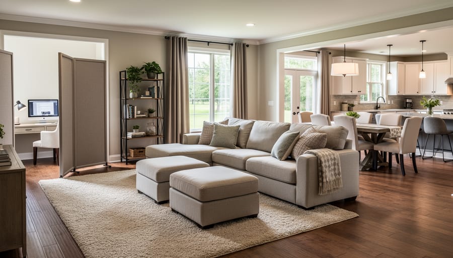 Ranch open floor plan living area with upholstered seating and a decorative screen helping manage sight lines