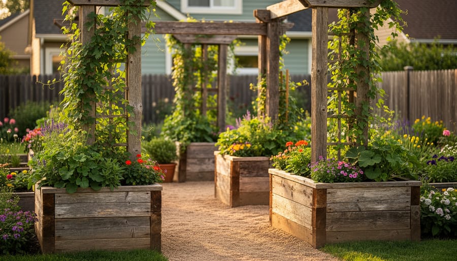 Reclaimed wood pallet planter bed with trellis and blooming plants in a yard at golden hour