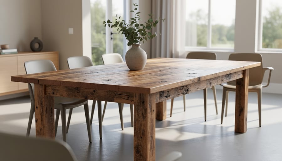 Reclaimed wooden dining table with visible grain and tool marks styled in a bright living room.