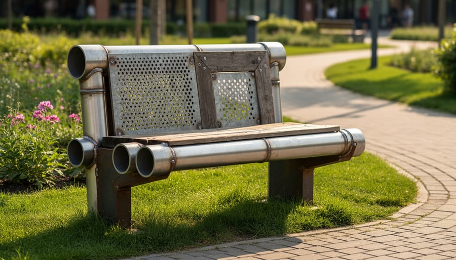 Recycled metal bench in an outdoor patio garden during golden hour sunlight.