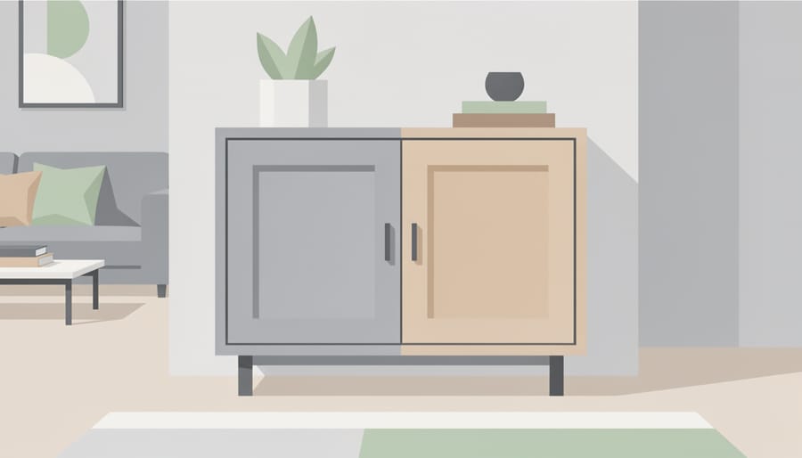 Refurbished recycled wood cabinet with visible craftsmanship in a modern living room.