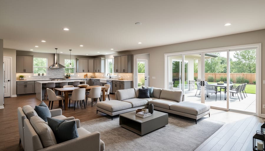 Wide view of a ranch home interior showing an open kitchen, dining, and living area with large windows and patio doors