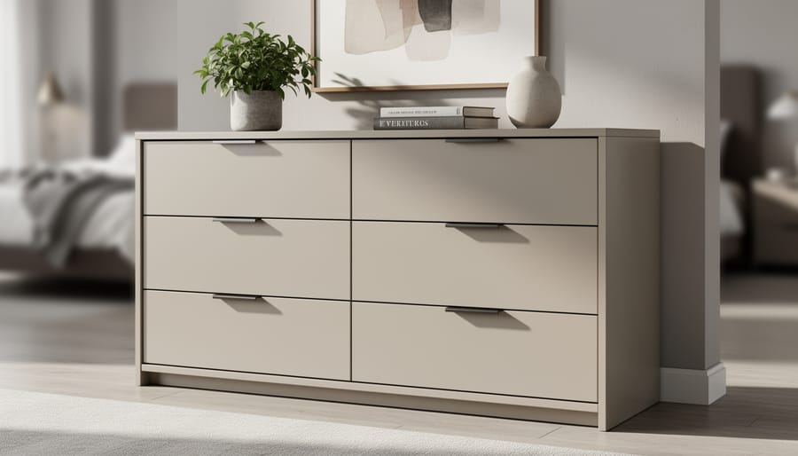 Upcycled dresser finished in matte sage green with brass hardware in a bright styled room