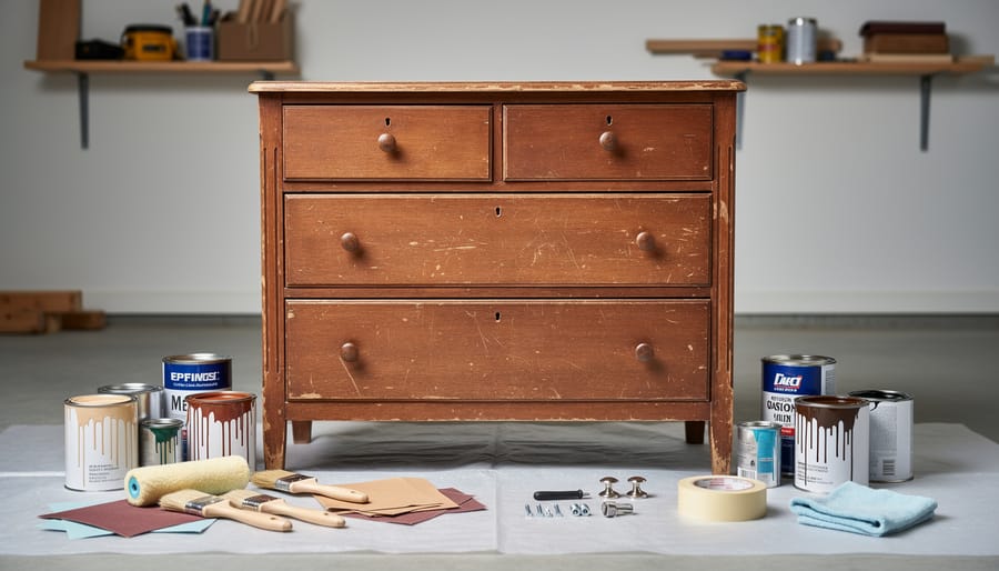 Shabby wooden dresser with scuffed finish and upcycling supplies staged nearby on a drop cloth