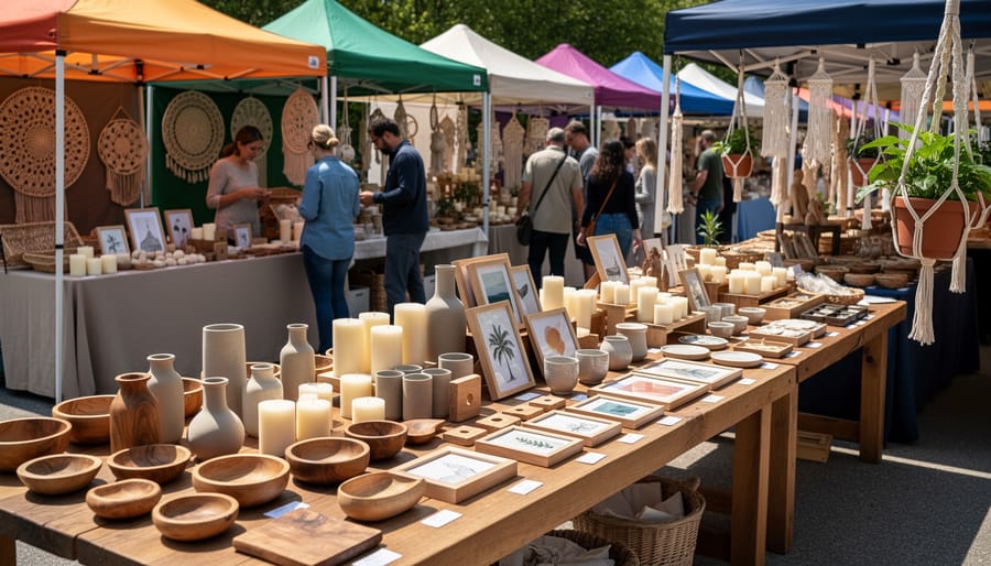 Craft market stall displaying handmade pottery, woven textiles, and a hand-blown glass pendant lamp.