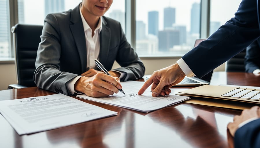 Close-up of a hand signing commercial property closing documents with a pen at a desk
