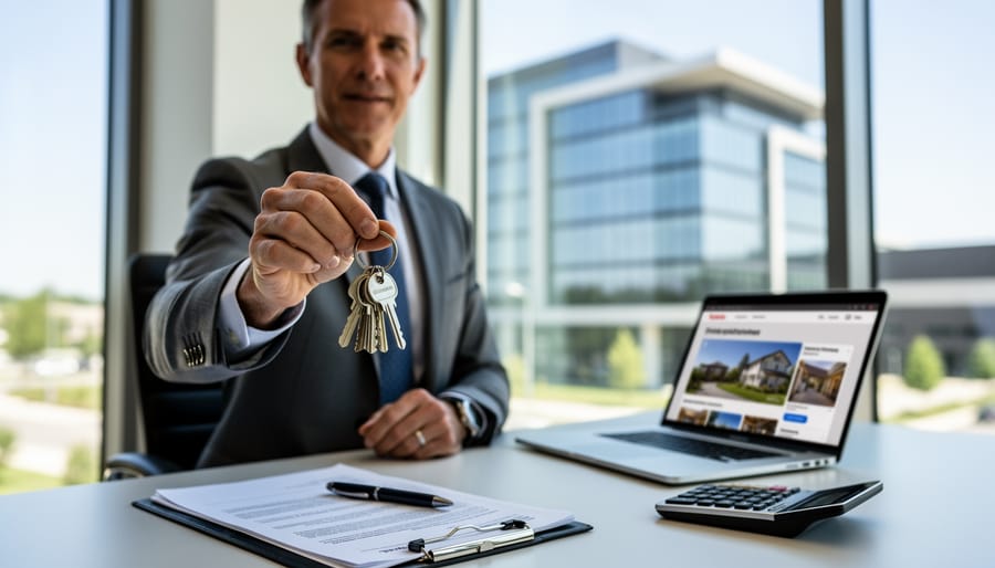 Commercial property owner holding keys in front of a modern storefront with large windows