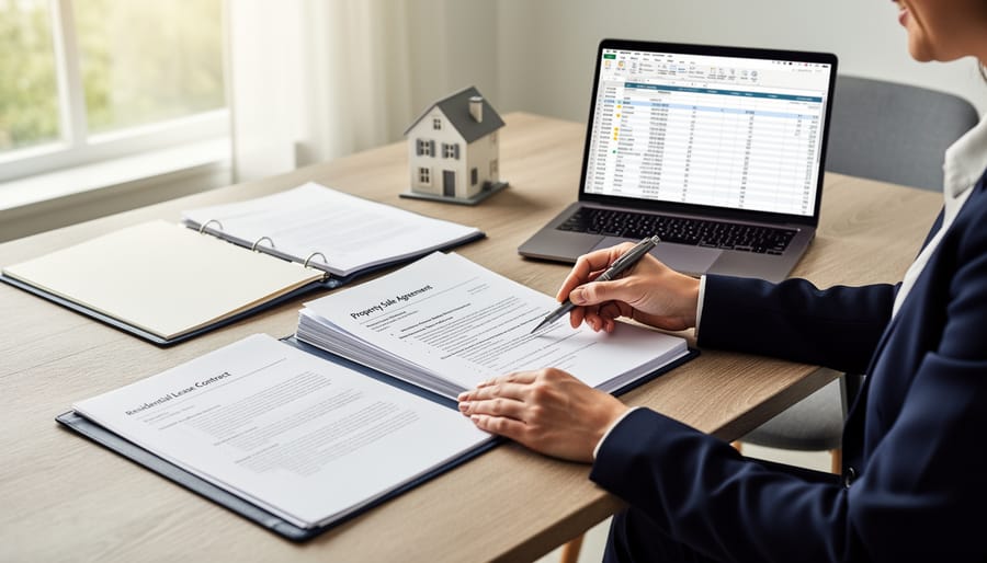 Hands reviewing due diligence paperwork and a binder on a desk with a clipboard nearby