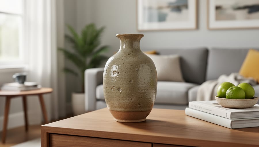 Close view of an artisan’s hands setting a handmade ceramic vase on a living-room table with warm natural light.