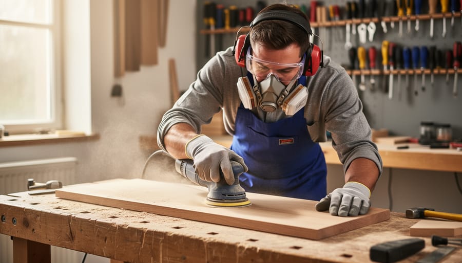 Person wearing respirator and gloves sanding a wooden furniture panel in a workshop